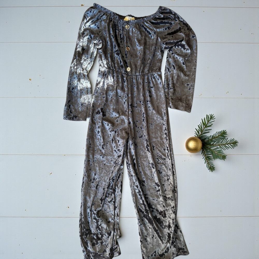 Velour Jumpsuit Silver Grey Metallic Girls Size 8 NEW